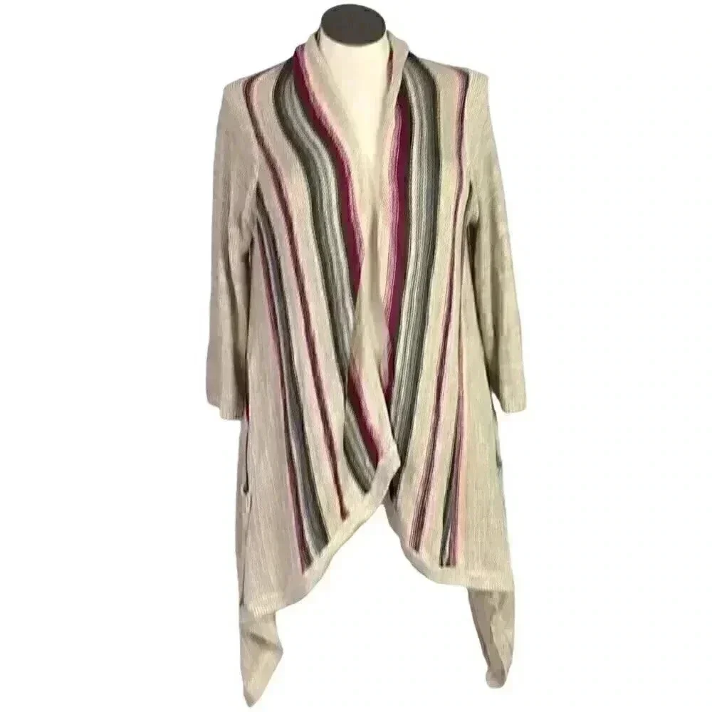 Torrid Women 0X Waterfall Striped Sweater Beige Cotton Rayon 3/4 Sleeve Boho - Picture 3 of 10